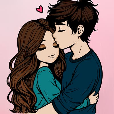 a realistic couple boy and girl hugging and kissing
