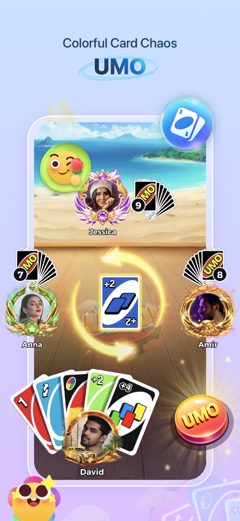 A screenshot of the UMO card game within the Yalla app showing four players in a multiplayer session with voice chat frames.
