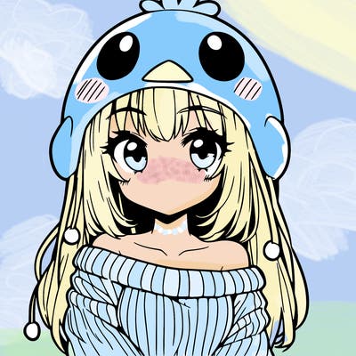 anime girl with chick shaped hat with sweater with bare shoulders with bangs covering them one eye with low tail