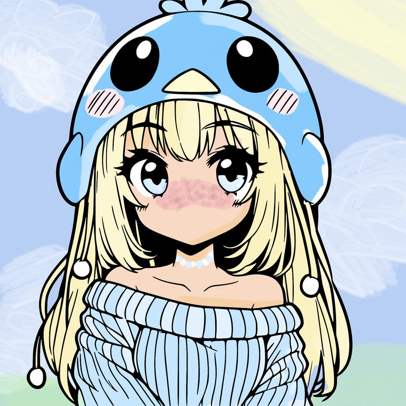 anime girl with chick shaped hat with sweater with bare shoulders with bangs covering them one eye with low tail