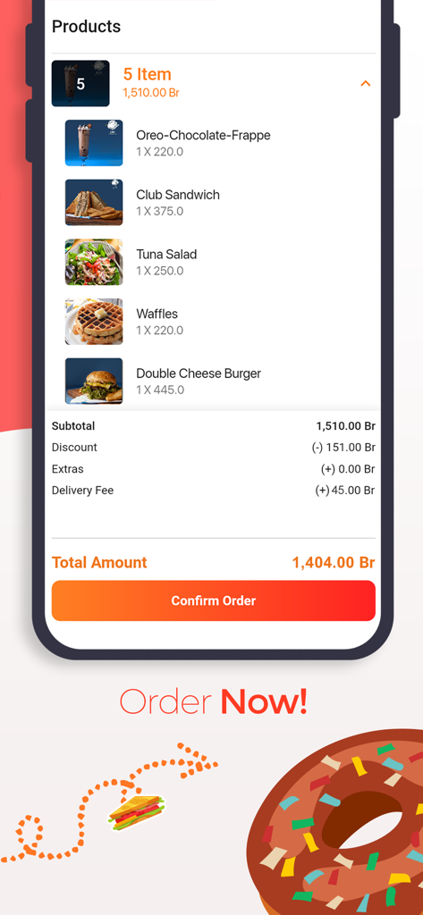 Pantalla de pago de la aplicación móvil beU Delivery que muestra una lista de artículos de comida y el importe total del pedido