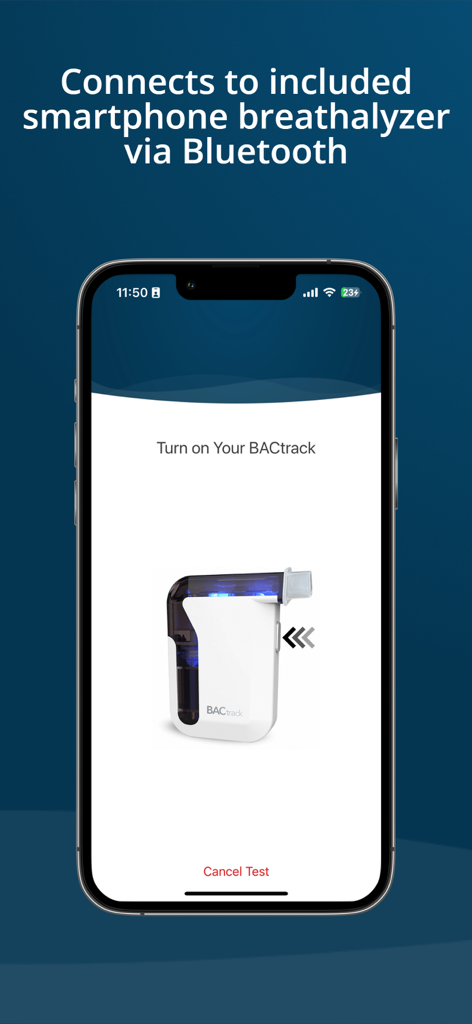 iPhone screen showing the BACtrack View app prompt to turn on and connect the smartphone breathalyzer via Bluetooth