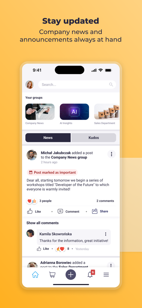 Worksmile app interface showing company news announcements and employee group discussions