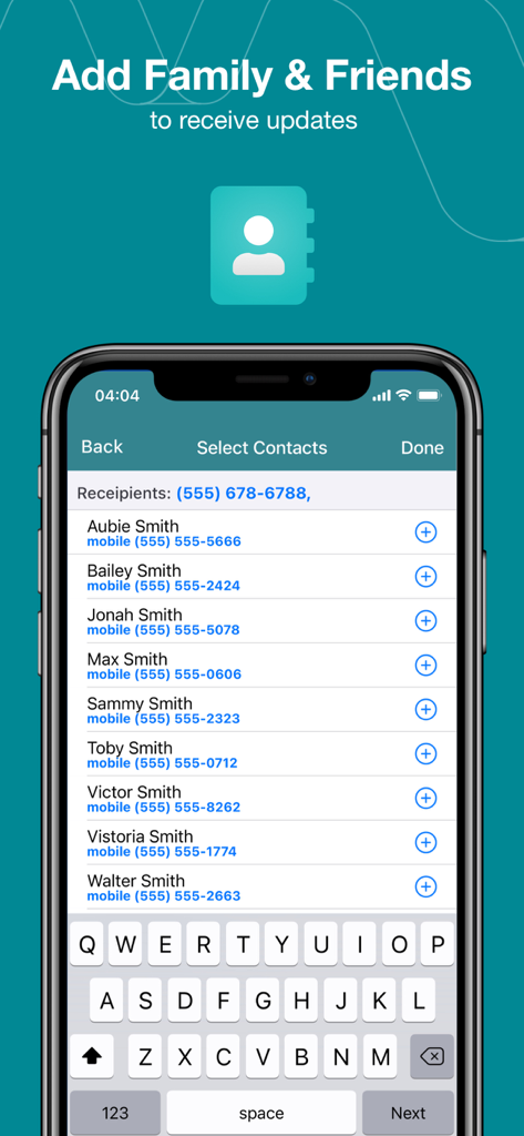 Ease Messaging app interface for adding family and friends to receive medical updates
