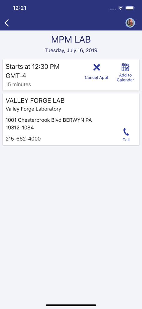 Screen showing details for a Penn Medicine lab appointment including location and time