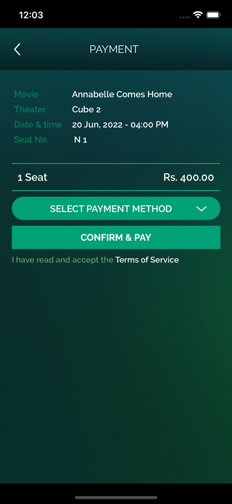 FCube Cinemas - FCube Cinemas app payment confirmation page for a movie ticket