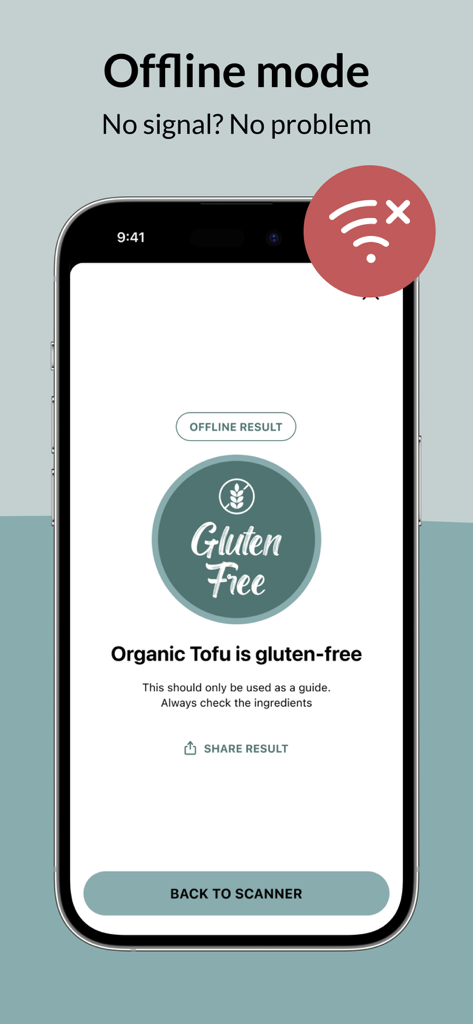 Gluten Free Scanner - Gluten Free Scanner app displaying offline mode result for organic tofu