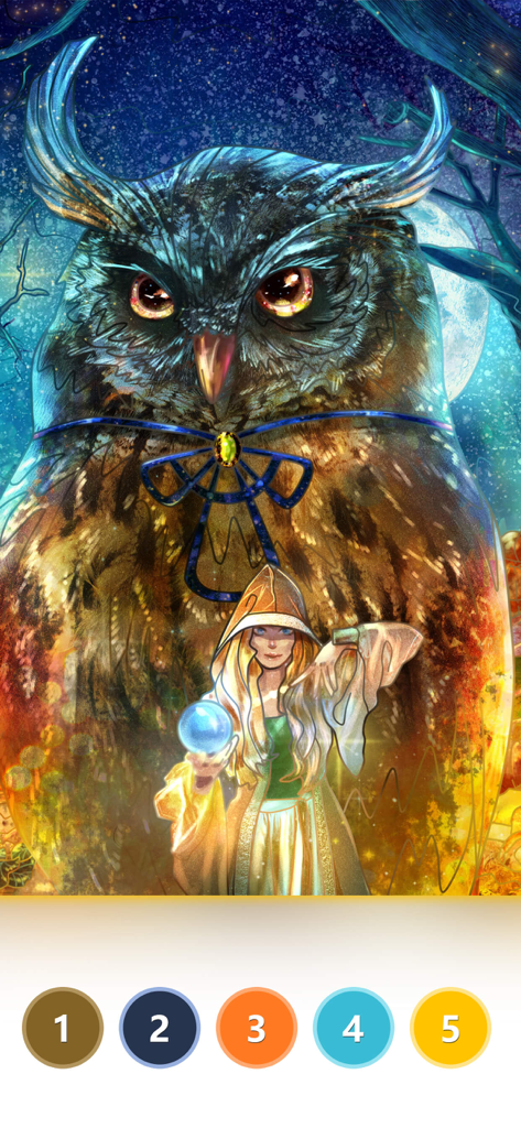 Tap Colorアプリの数字で色塗り、詳細なファンタジーのフクロウと魔法のキャラクターのイラスト