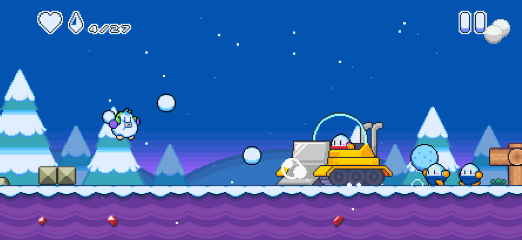 Snow Kids - A penguin character jumps through a snowy night level in the Snow Kids pixel art platformer game.