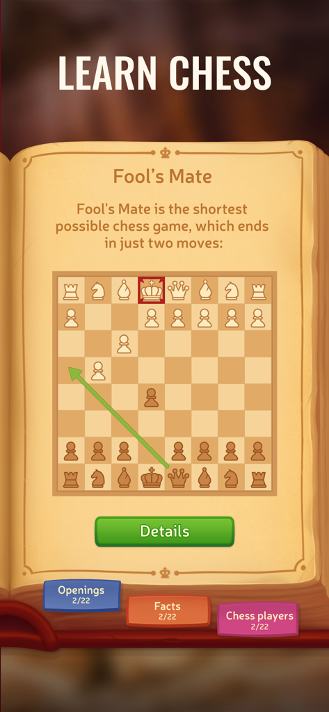 Chess Online - Clash of Kings - Eine Seite aus dem Schachbuch, die die Narrenmatt-Strategie mit einem Brettdiagramm erklärt.