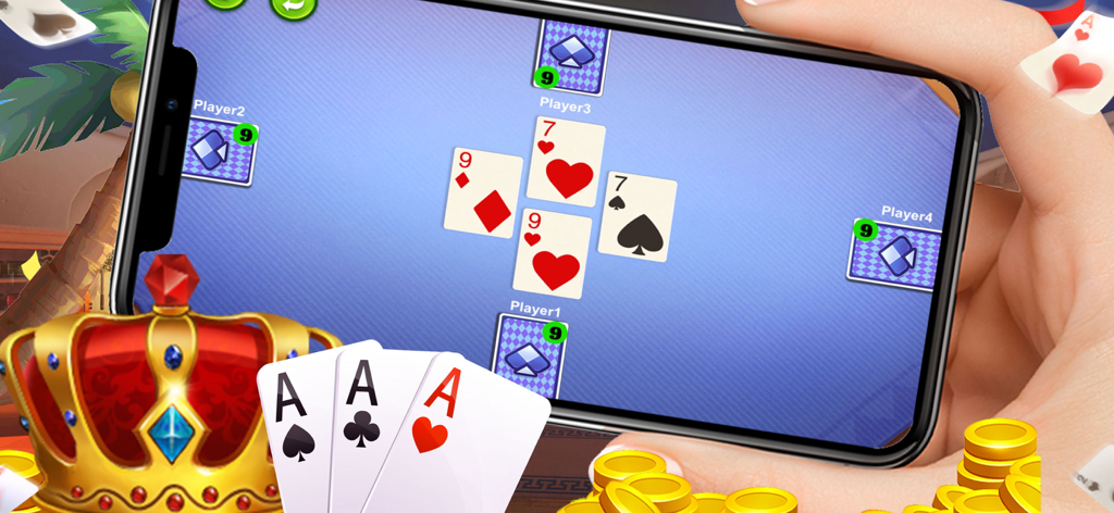 Uma mão segurando um smartphone exibindo um jogo de cartas TeenPatti Diamond com uma coroa dourada e três ases em primeiro plano
