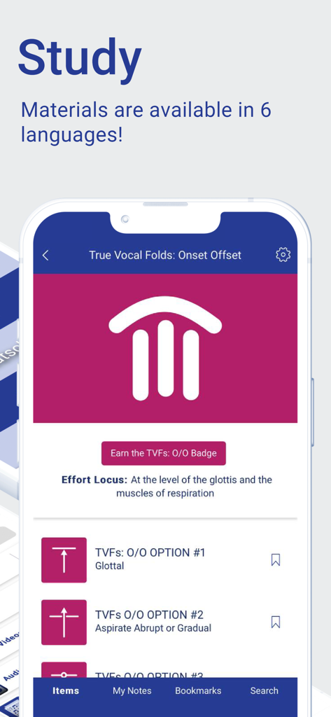 Estill Exercises - A mobile screen from the Estill Exercises app showing study materials for True Vocal Folds Onset Offset with various glottal and aspirate options.