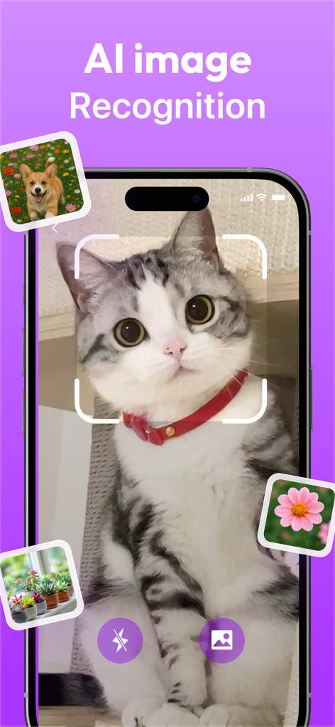 Super AI Scanner mobile app interface showing AI image recognition feature with a cat being scanned