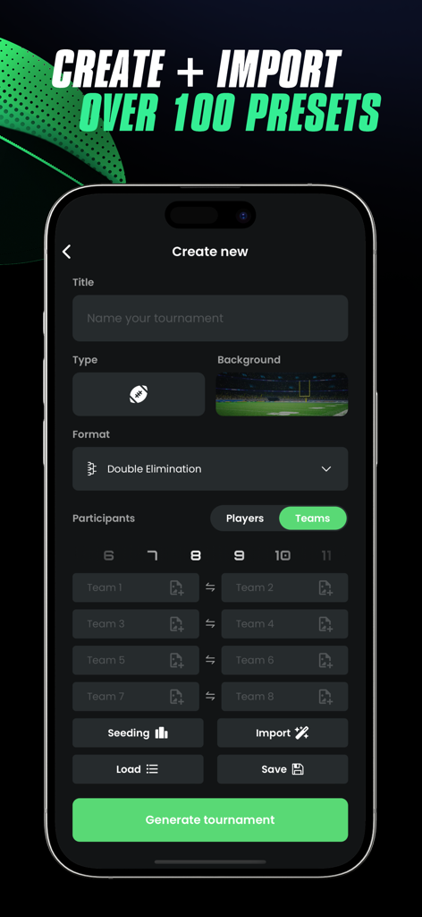 Tourney mobile app interface for creating a new tournament with format and team options