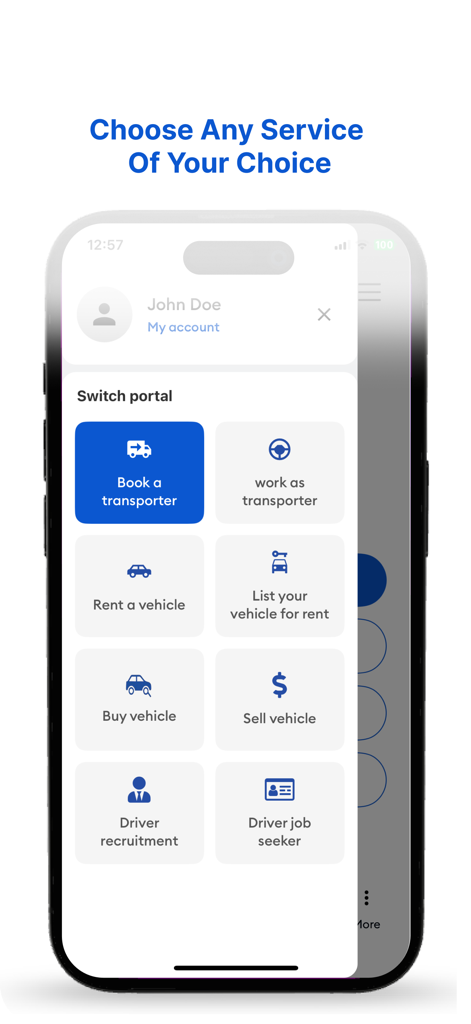 Vipi Transport - Vipi Transport app screen showing the switch portal menu with various logistics and vehicle services