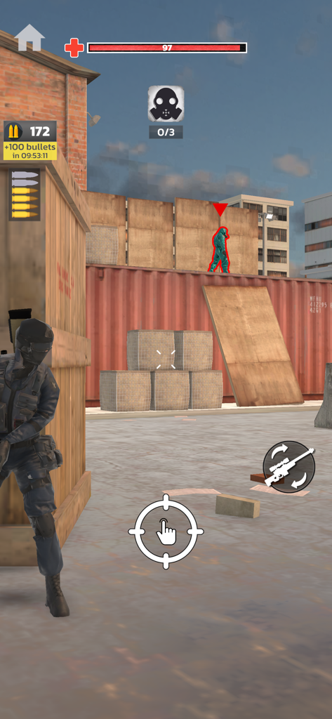 SWAT Tactical Shooter - A SWAT officer in tactical gear taking cover behind a wooden crate while aiming at an enemy in an urban environment.