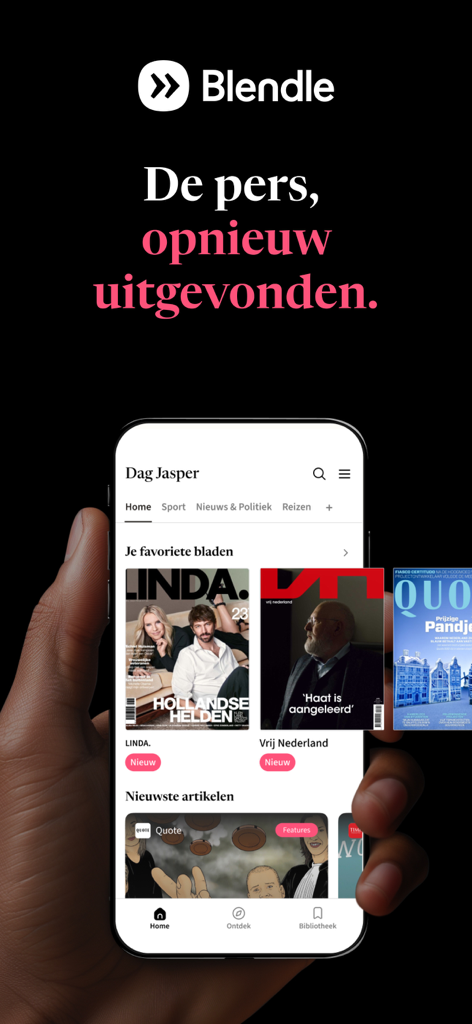 Blendle - A person holding a smartphone showing the Blendle app interface with curated magazine covers and articles.