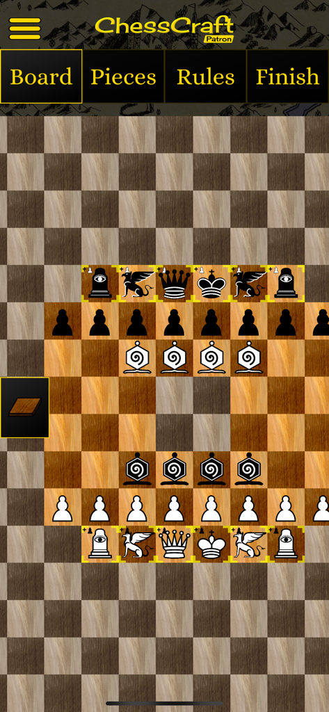 ChessCraft - Interface of the ChessCraft app showing a custom chess board being designed with unique pieces.