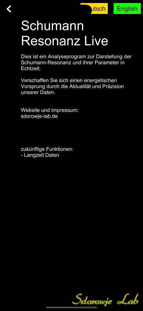 Schumann Info Live - Introductory information screen for the Schumann Info Live app describing real-time resonance data in German.