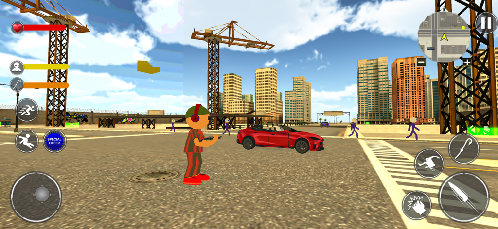 Stickman character exploring an open world city with a red sports car and game interface