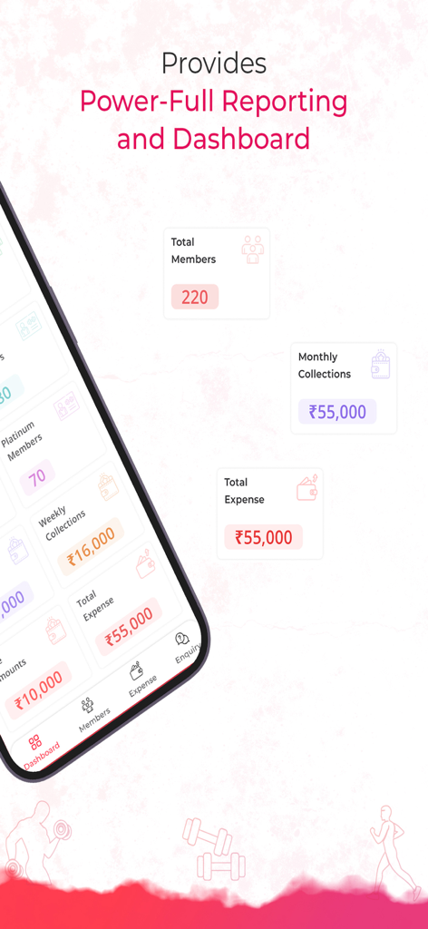 FitnessMaa: Gym Management App - FitnessMaaモバイルダッシュボード。ジム会員統計と月次財務集計を表示。