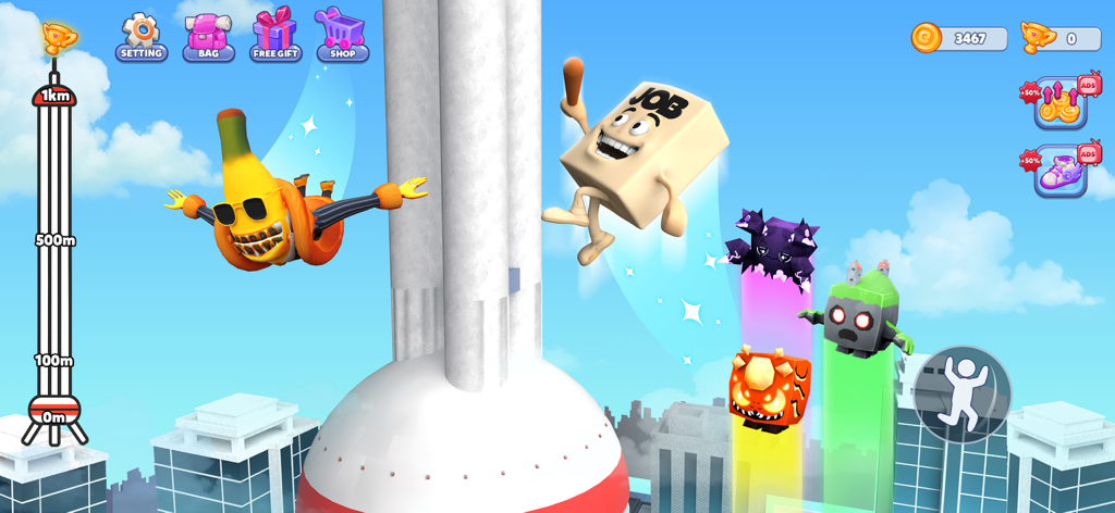 Brainzot Climb and Jump - Personaggi divertenti che saltano su un grattacielo nel gioco mobile Brainzot Climb and Jump.