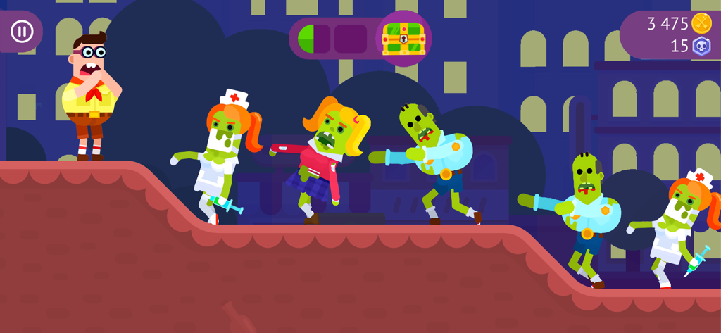 Un personaje explorador enfrentándose a un grupo de zombis coloridos en un entorno urbano nocturno