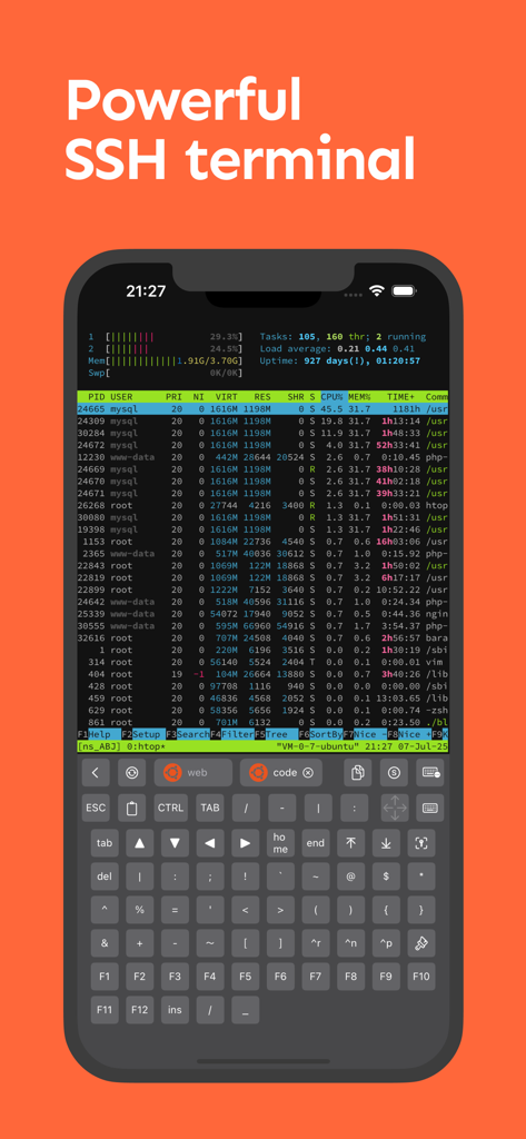 NeoServer: SSH Client|Terminal - NeoServer mobile SSH terminal displaying server process monitoring and a specialized developer keyboard.
