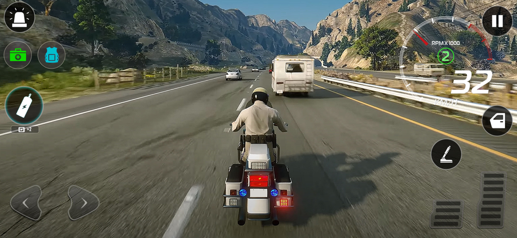 Jugabilidad de Gangster Game Crime Master mostrando una motocicleta conduciendo por una autopista de montaña.