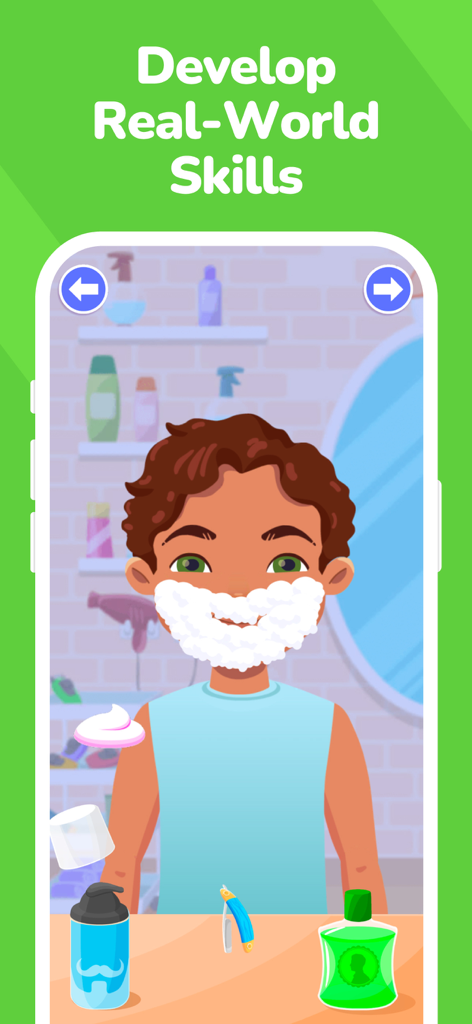 Kiddopia: Kids Learning Games - Un personaje de dibujos animados con espuma de afeitar en la cara en una escena de baño de juego de roles de la aplicación Kiddopia