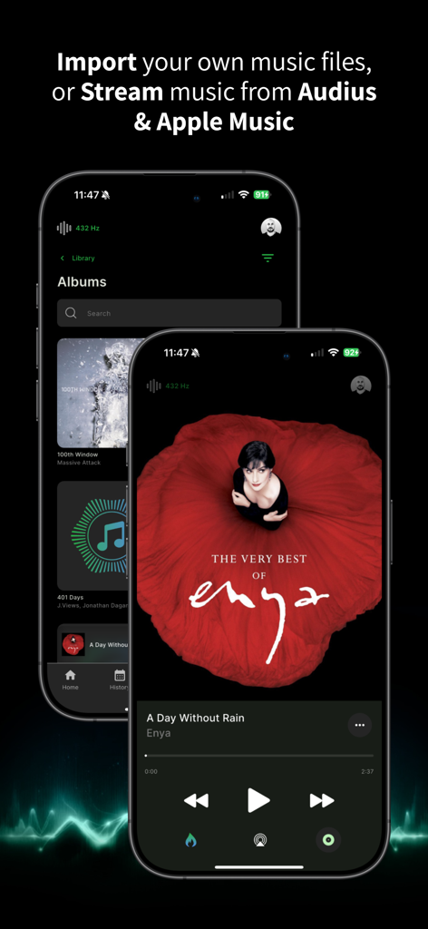 HZP (Hertz Player) - Capturas de pantalla de la aplicación HZP en iPhone que muestran la biblioteca de música y una interfaz de reproductor transmitiendo Enya reafinado a frecuencia de 432 Hz