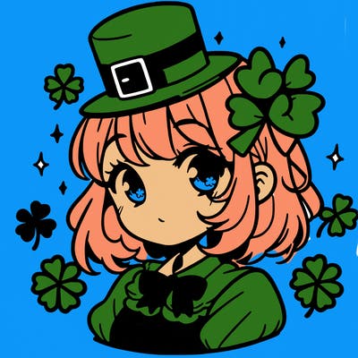 a manga-style girl with clovers around her, a little hat in her hair, like it's saint patrick's day