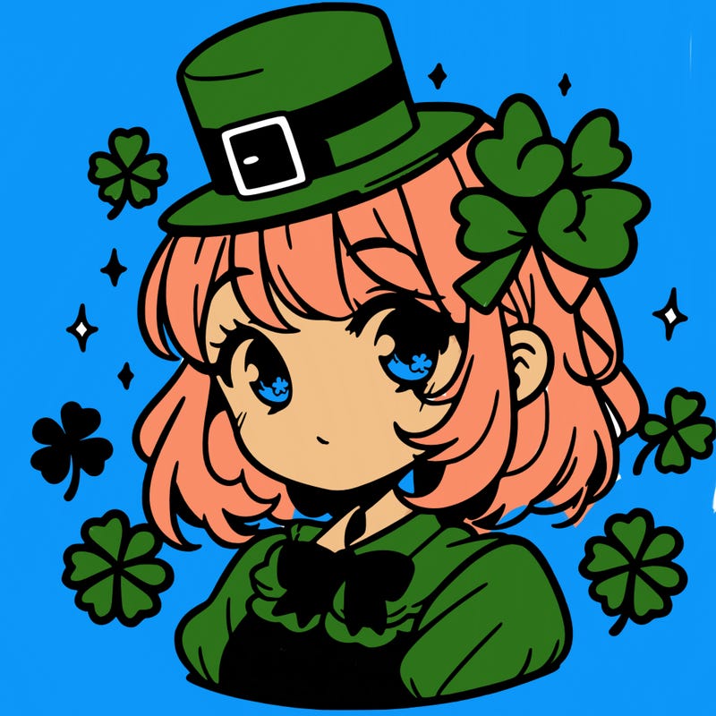 a manga-style girl with clovers around her, a little hat in her hair, like it's saint patrick's day