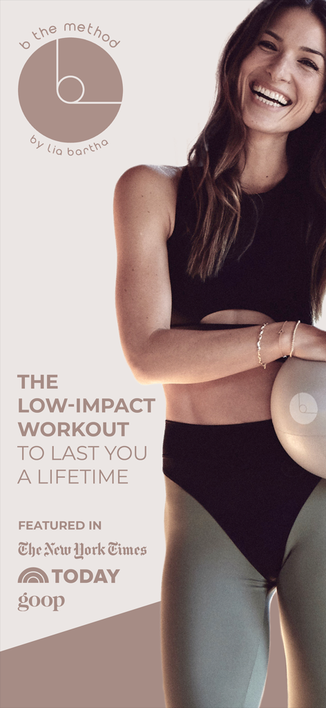 B The Method by Lia Bartha app promotion featuring a low-impact workout for women with press mentions from New York Times and Goop