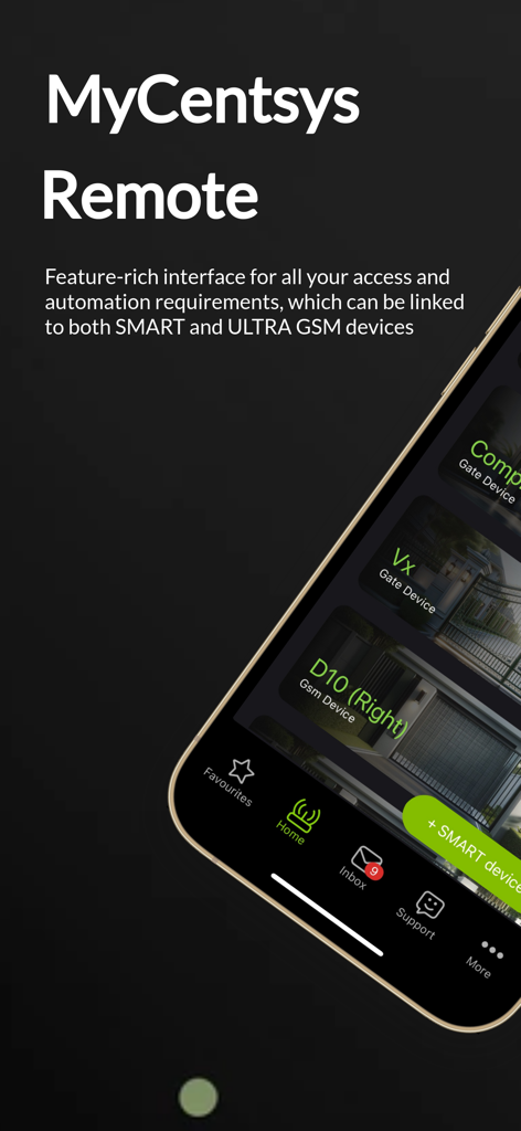 MyCentsys Remote - User interface of the MyCentsys Remote app showing gate and GSM device control options