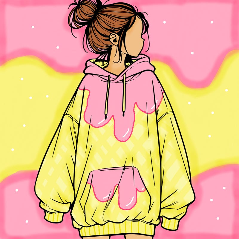 realistic girl with a oversized sweatshirt on and a bun