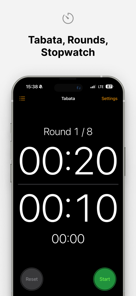 Timer Tabata for Workout, HIIT - Benutzeroberfläche einer Tabata-Timer-App, die Trainingsrunden und eine Start-Schaltfläche anzeigt