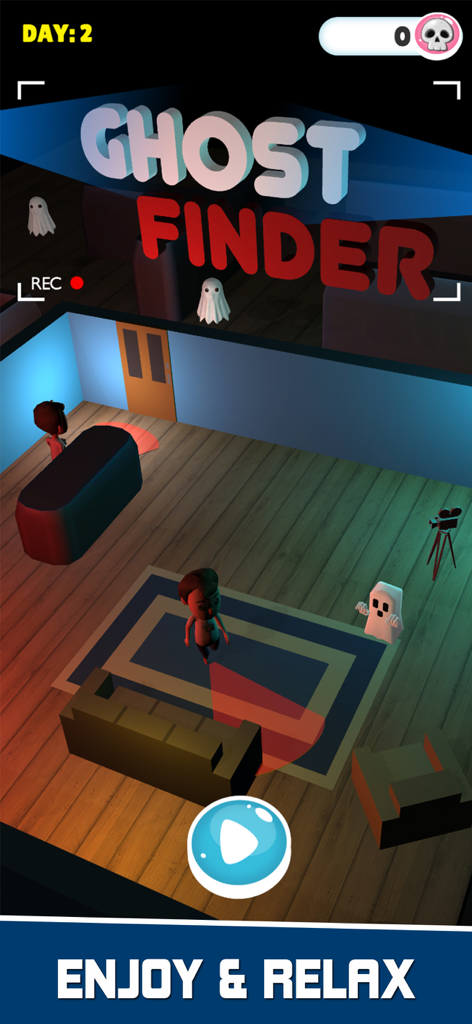 Ghost Finder: Halloween Game - Top-down view of a ghost sneaking past a person with a flashlight in a dark room