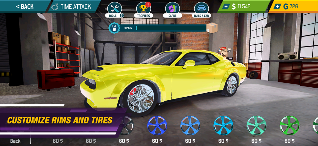 A yellow muscle car in a garage with a menu to customize colorful rims and tires.