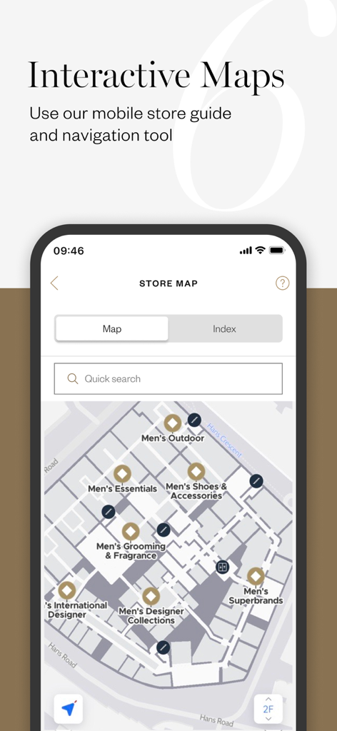 Aplicación móvil Harrods que muestra un mapa interactivo del suelo de los departamentos de la tienda de lujo