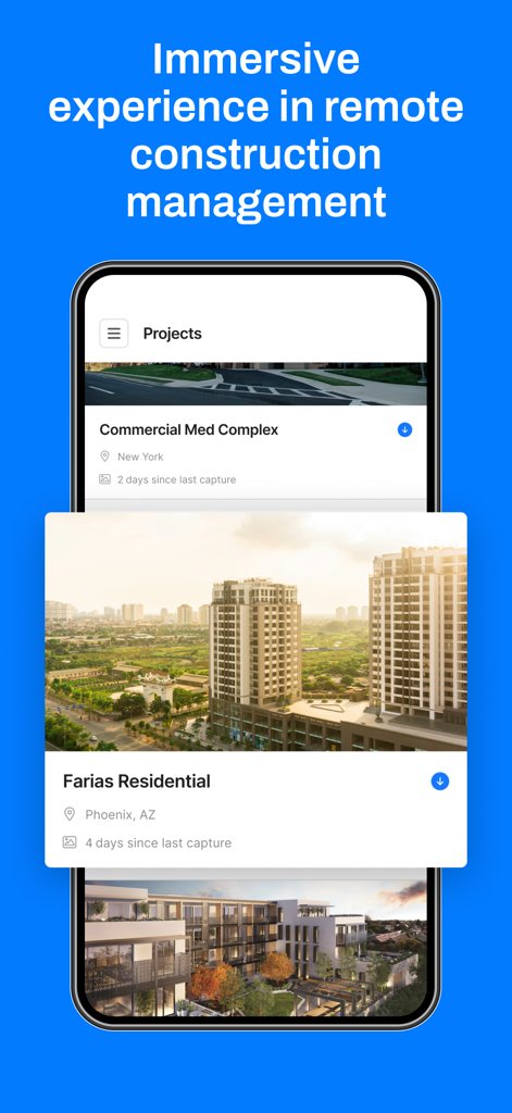 VISI (by Construct IN) - VISI app interface showing a list of construction projects like Farias Residential in Phoenix for remote management.