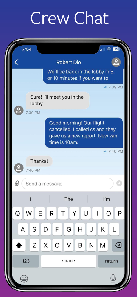 In-app crew chat interface for airline pilots and flight attendants