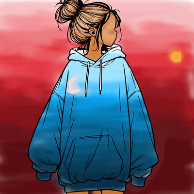 realistic girl with a oversized sweatshirt on and a bun