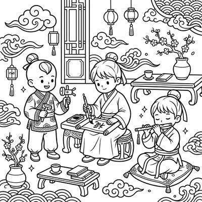 Step back in time with this delightful Ming Dynasty coloring page, perfect for young artists! Children are depicted engaged in traditional activities like calligraphy and music, offering a fun and educational glimpse into ancient Chinese culture.