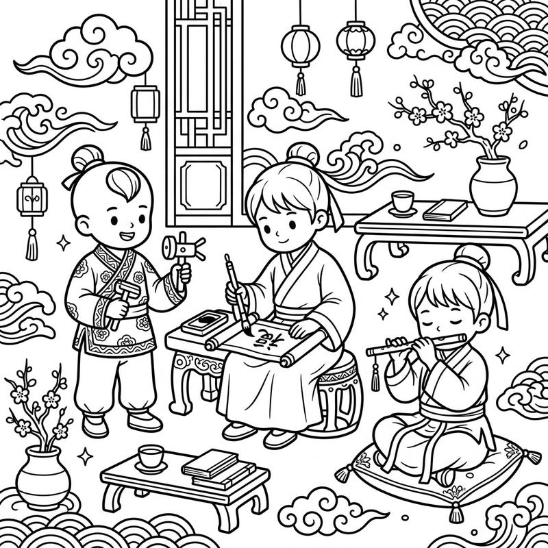 Step back in time with this delightful Ming Dynasty coloring page, perfect for young artists! Children are depicted engaged in traditional activities like calligraphy and music, offering a fun and educational glimpse into ancient Chinese culture.