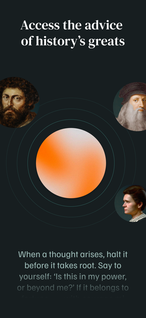 Alter・Daily Philosophy Journal - Interface of the Alter app showing portraits of historical figures and philosophical advice.