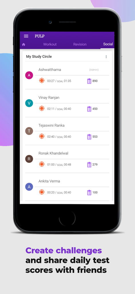 Social study circle screen in the PULP app showing student progress tracking and shared daily test scores for NEET MDS preparation