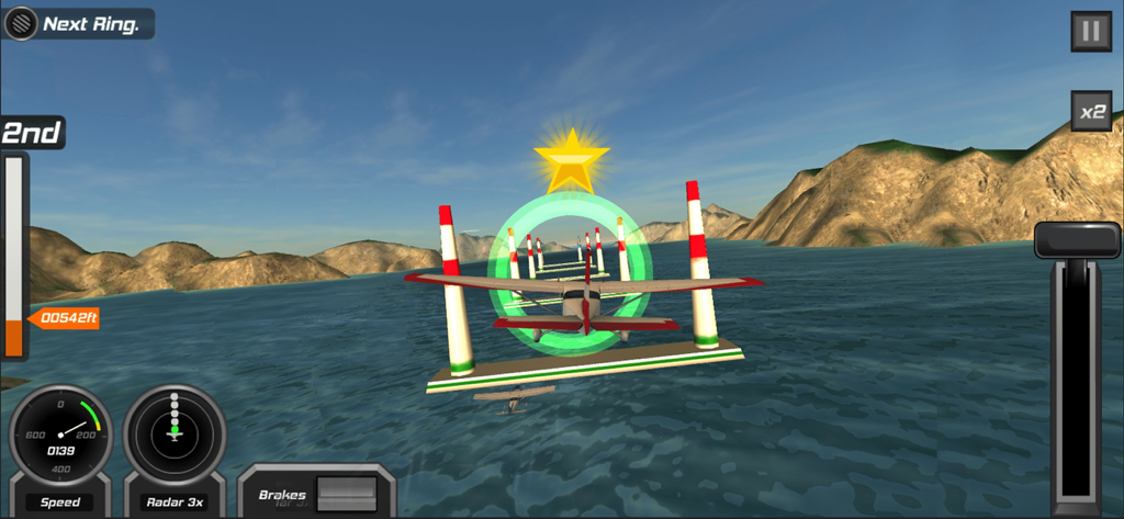 Un pequeño avión de hélice volando a través de un anillo de control verde sobre el agua durante una misión de carrera aérea.