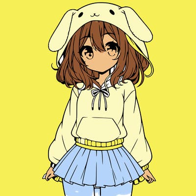pretty anime girl wearing a fluffy hoodie with bunny ears on the hood and a skirt