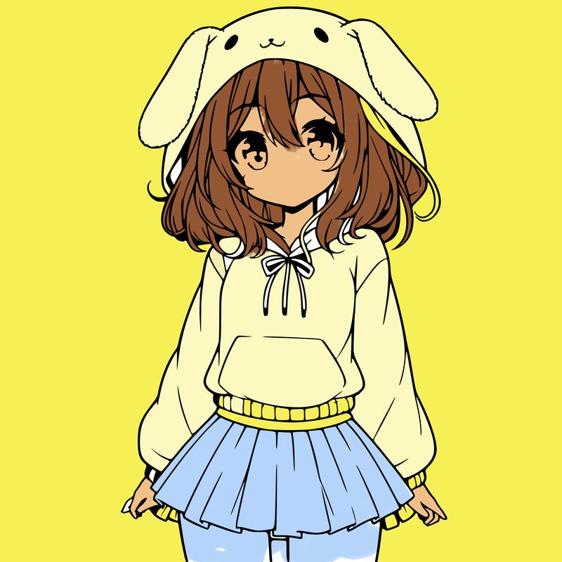 pretty anime girl wearing a fluffy hoodie with bunny ears on the hood and a skirt